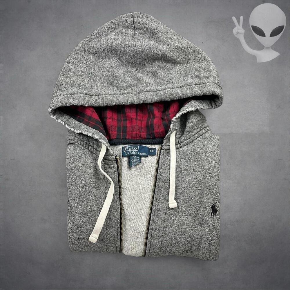 Polo Ralph Lauren Hoodie Size 2XL Grey Full Zip Plaid Lined Hood Jacket vintage - Picture 6 of 6